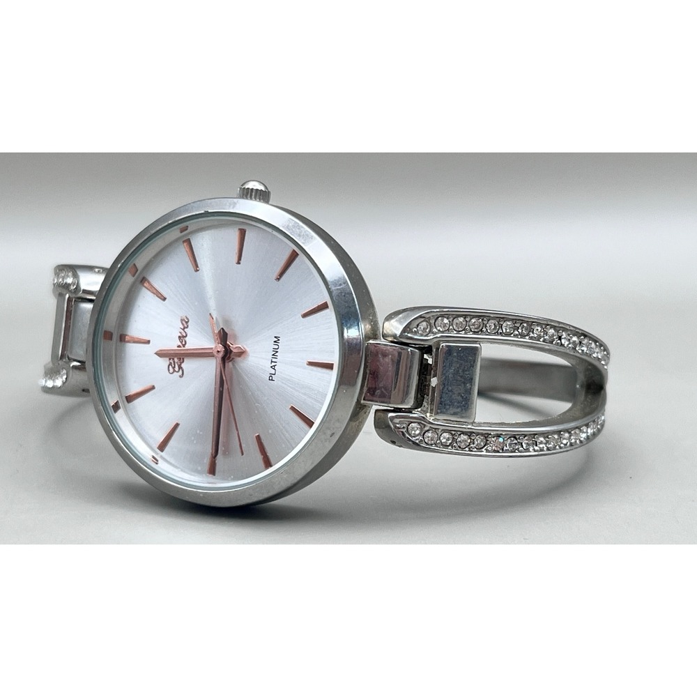 Vtg Geneva Platinum 5969 Womens Silver Tone Crystal Hinged Cuff Watch Japan Movt
